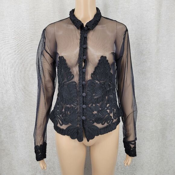 Raiment Fashions Tops - Vintage Sheer Black Soutache Embroidery Button Up Blouse Mobwife Mesh Illusion